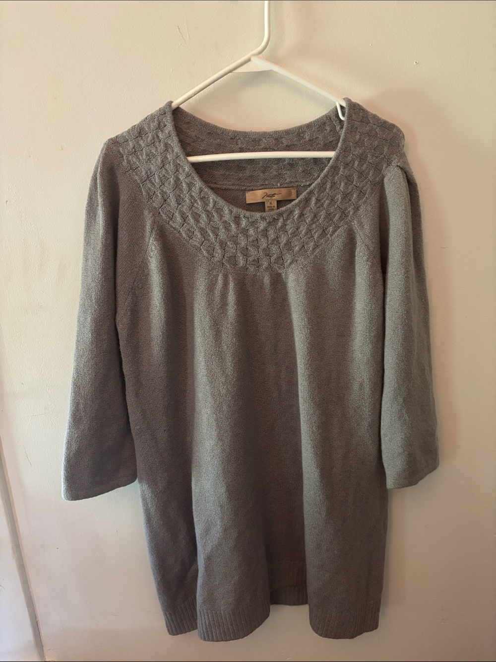 Motto Gray Textured Knit Sweater with Crochet Lace Yoke - Size XL